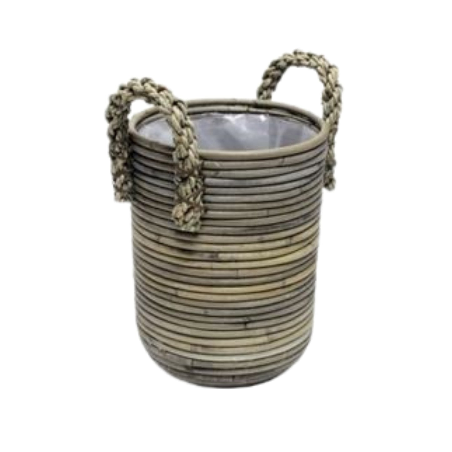 BASKET STRIPE ROUND GRAY WITH ROPE HANDLE Ø 19 H.26cm INCL PLASTIC LINING