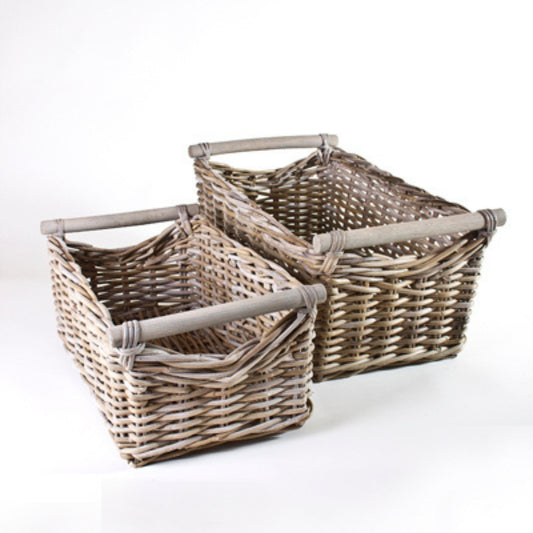 BASKET S/2 w/WOODEN HANDLE - KOBOO GREY