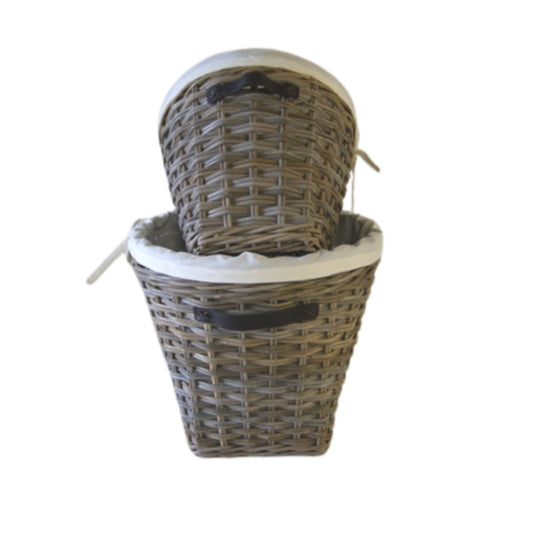 ROUND LAUNDRY BASKET w/LEATHER HANDLES AND LINING S/2