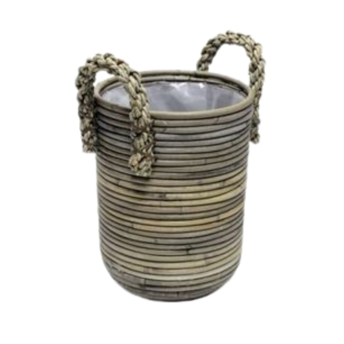BASKET STRIPE ROUND GRAY WITH ROPE HANDLE Ø.38 H.45cm INCL PLASTIC LINING