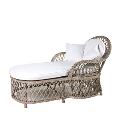 RUSTIC RATTAN LOUNGER W/SIDE POCKET AND WHITE CUSHION