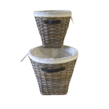 ROUND LAUNDRY BASKET w/LEATHER HANDLES AND LINING S/2