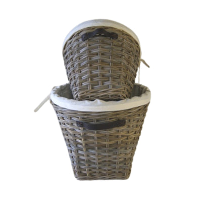 ROUND LAUNDRY BASKET w/LEATHER HANDLES AND LINING S/2
