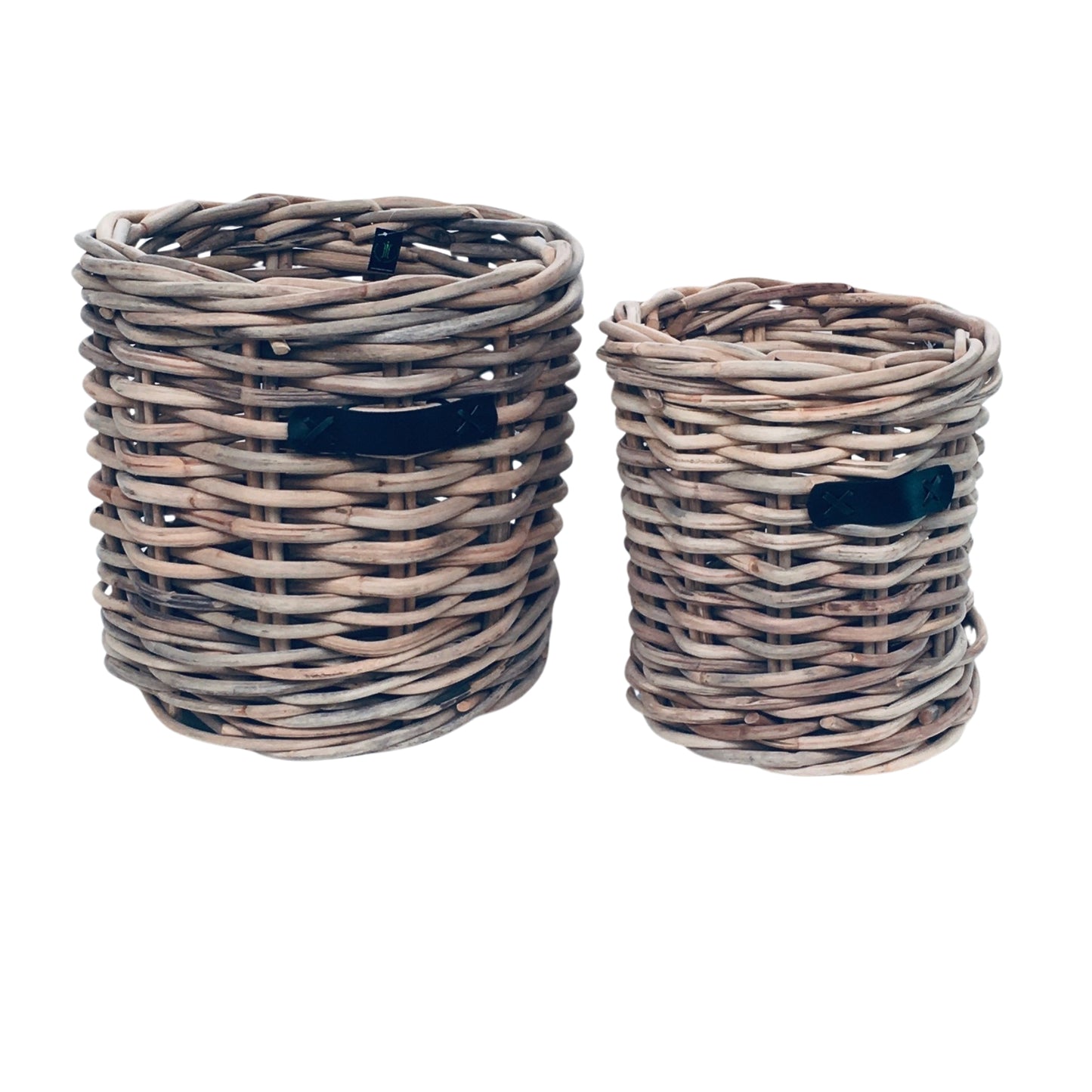 ROUND BASKET S/2 w/WHEELS & LEATHER HANDLE - CL - UNFINISHED
