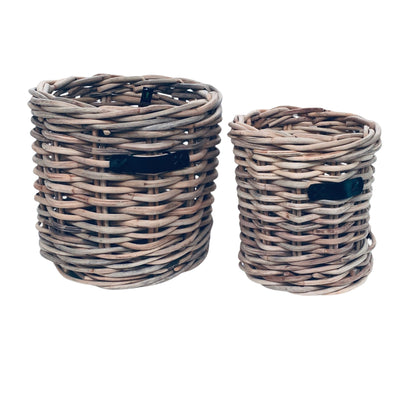 ROUND BASKET S/2 w/WHEELS & LEATHER HANDLE - CL - UNFINISHED