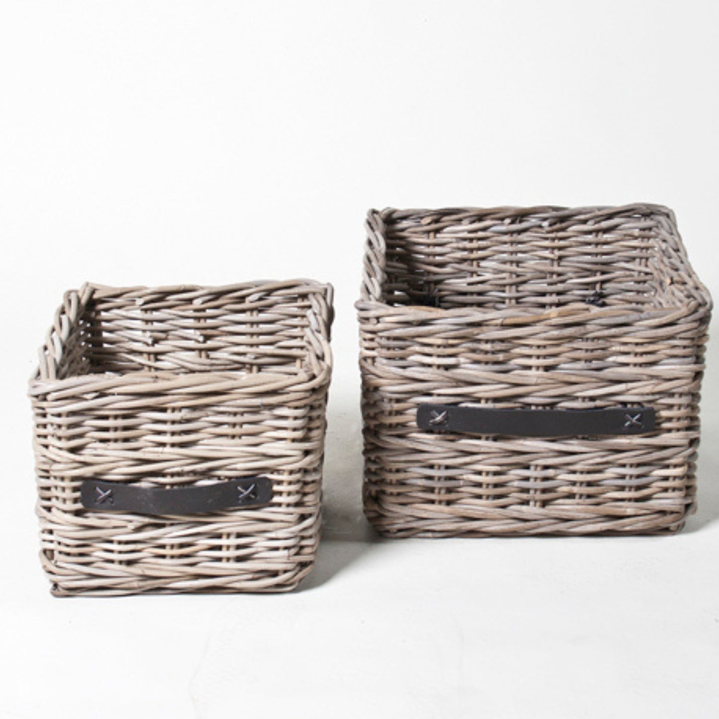 RECT BASKET w/LEATHER HANDLES S/2