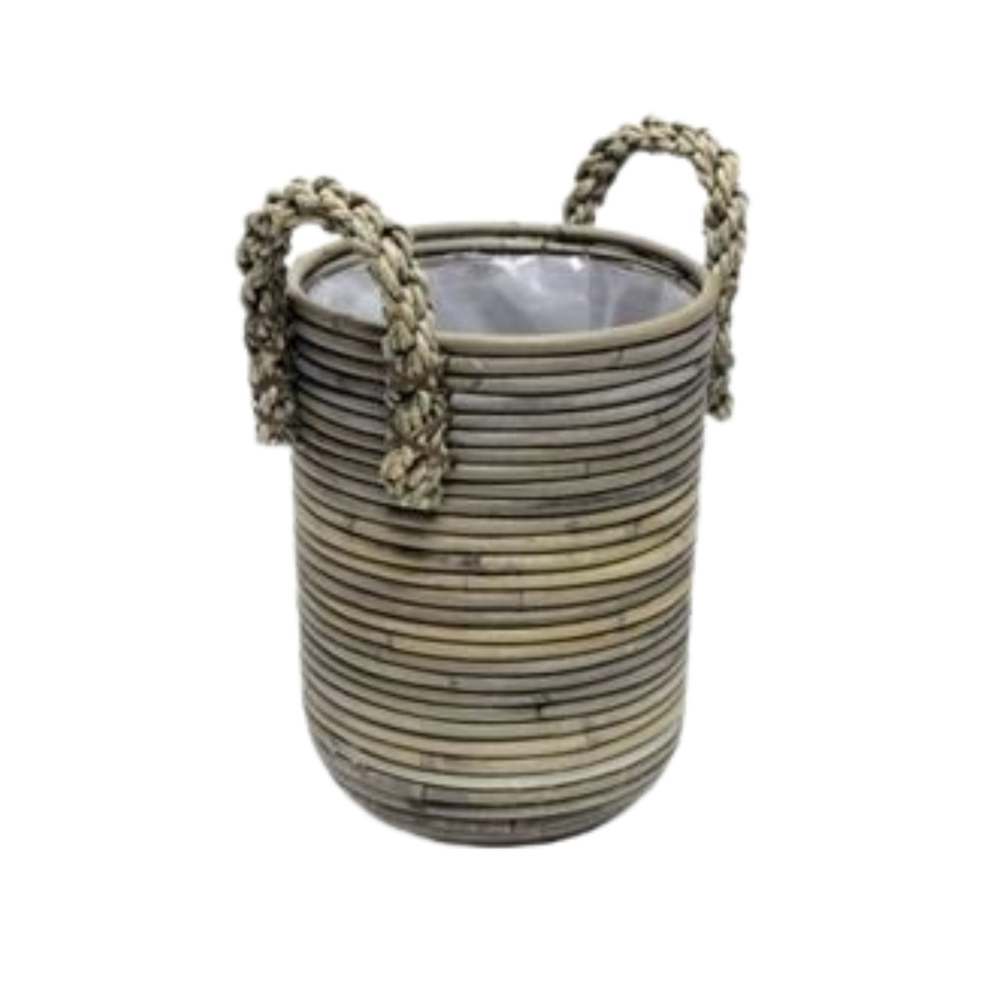 BASKET STRIPE ROUND GRAY WITH ROPE HANDLE Ø.45 H.50cm INCL PLASTIC LINING