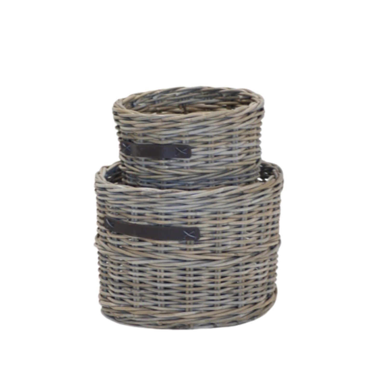 ROUND PLANTER S/2 w/LEATHER HANDLE KOBOO GRAY